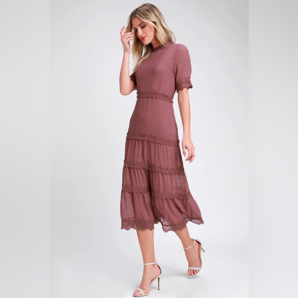 Lulus Dreaming of You Mauve Purple Swiss Dot Midi size Medium